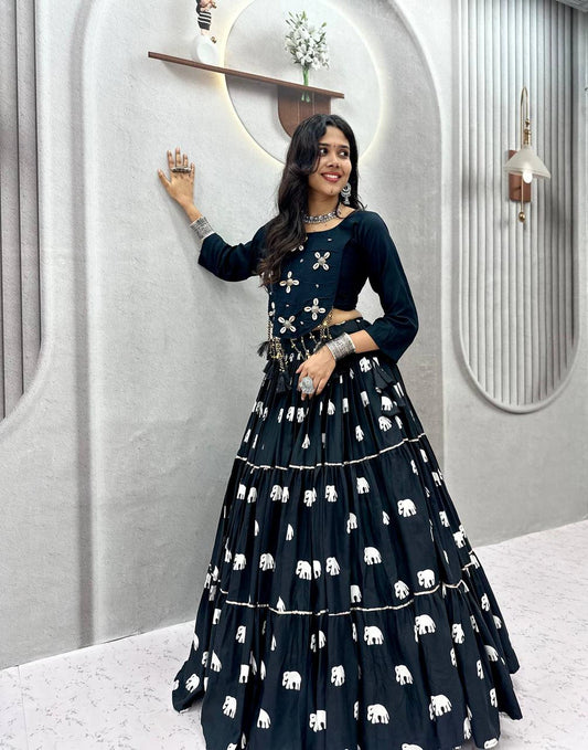 Black Pure Cotton Chaniya Choli with Hand Work Top and 9 Meter Flair Lehenga