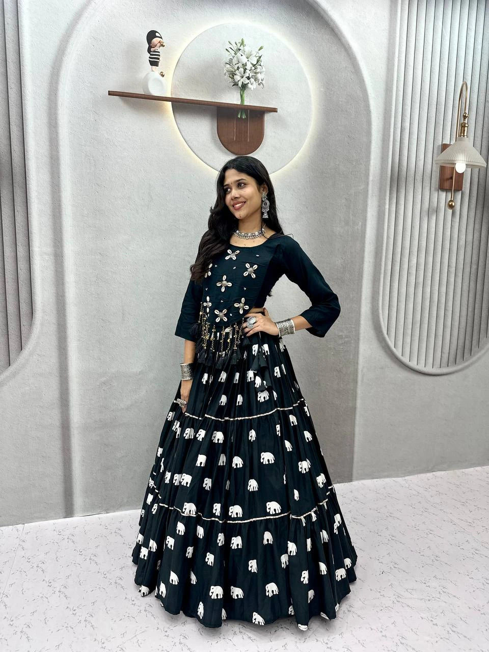 Black Pure Cotton Chaniya Choli with Hand Work Top and 9 Meter Flair Lehenga