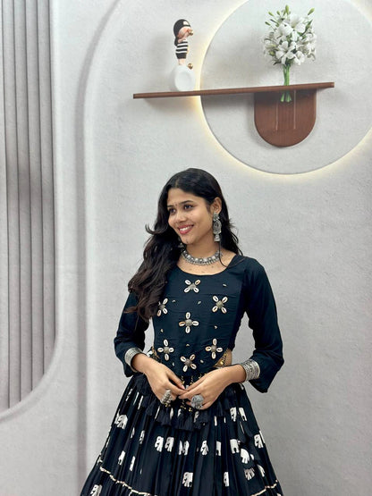 Black Pure Cotton Chaniya Choli with Hand Work Top and 9 Meter Flair Lehenga