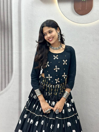 Black Pure Cotton Chaniya Choli with Hand Work Top and 9 Meter Flair Lehenga