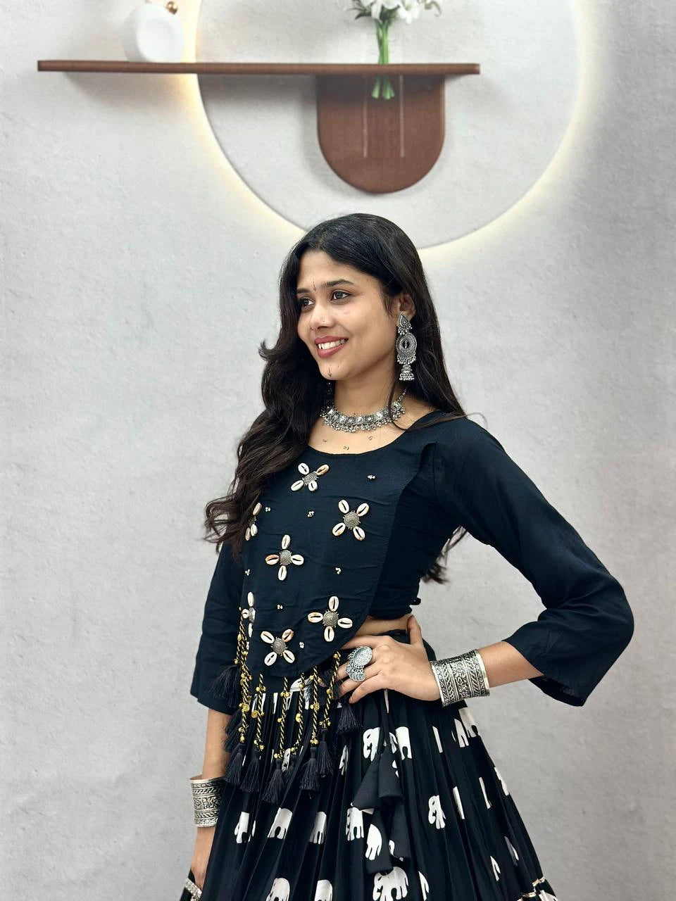 Black Pure Cotton Chaniya Choli with Hand Work Top and 9 Meter Flair Lehenga