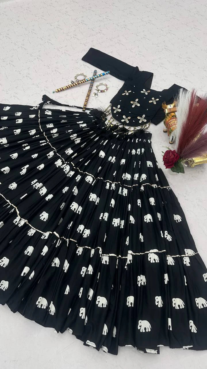 Black Pure Cotton Chaniya Choli with Hand Work Top and 9 Meter Flair Lehenga