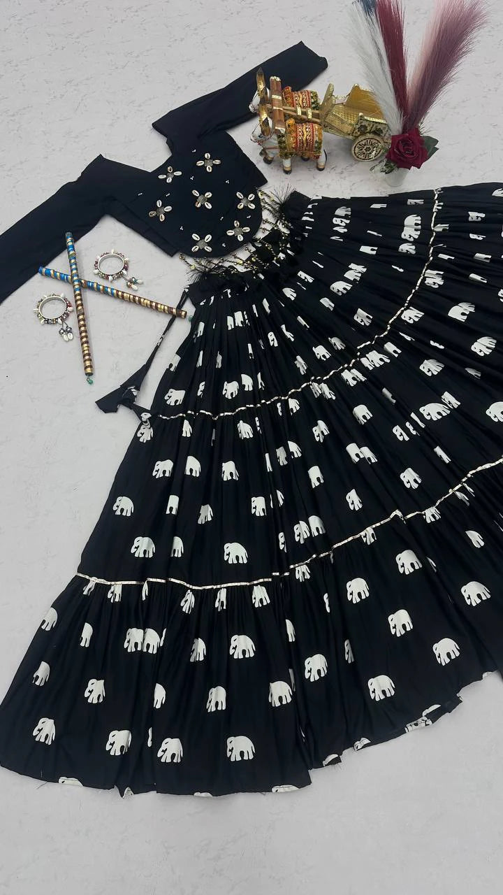 Black Pure Cotton Chaniya Choli with Hand Work Top and 9 Meter Flair Lehenga