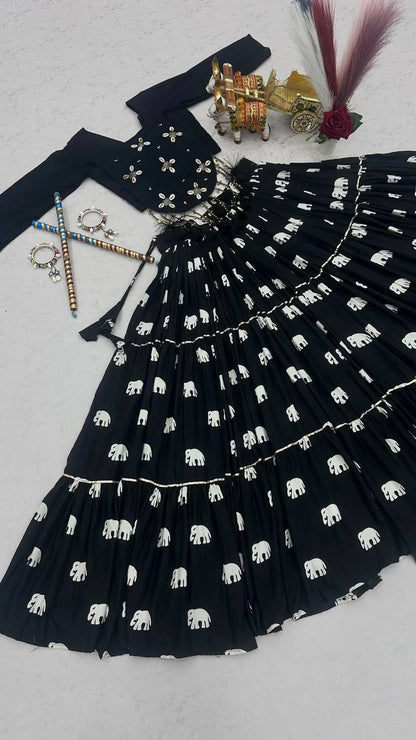 Black Pure Cotton Chaniya Choli with Hand Work Top and 9 Meter Flair Lehenga