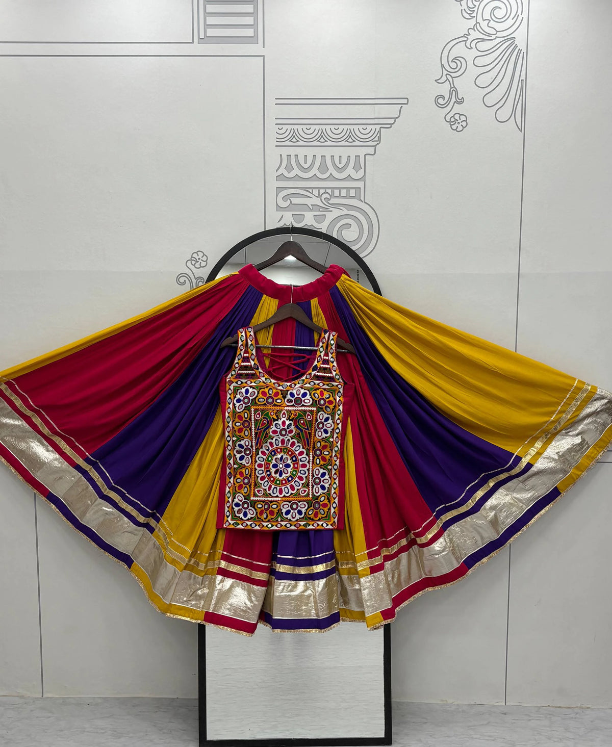 Navratri Special Pure Cotton Flared Chaniya Choli with Gamathi Mirror Work Top