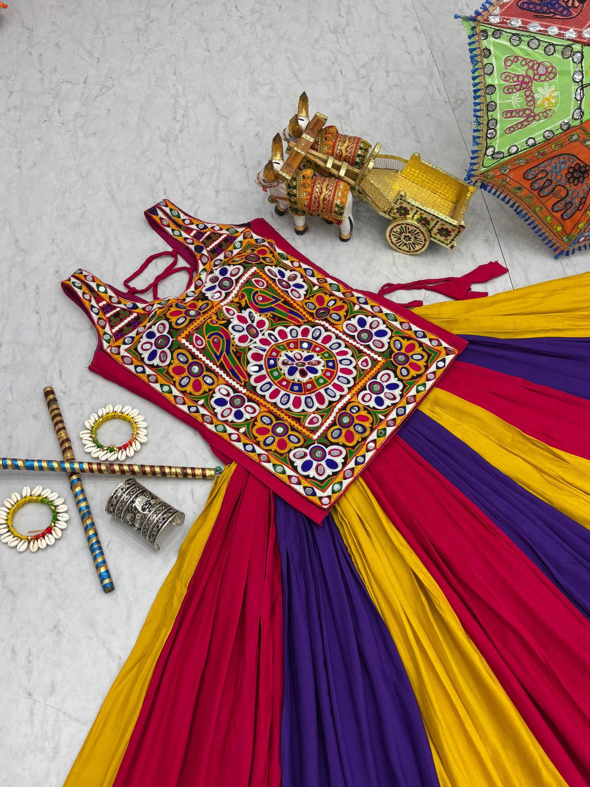 Navratri Special Pure Cotton Flared Chaniya Choli with Gamathi Mirror Work Top