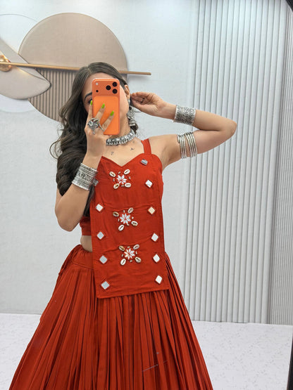 Navratri Special Pure Cotton Rust Orange Mirror Work Lehenga Choli with 6 Meter Flair