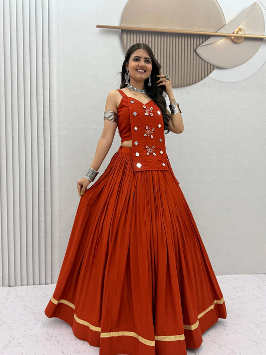 Navratri Special Pure Cotton Rust Orange Mirror Work Lehenga Choli with 6 Meter Flair