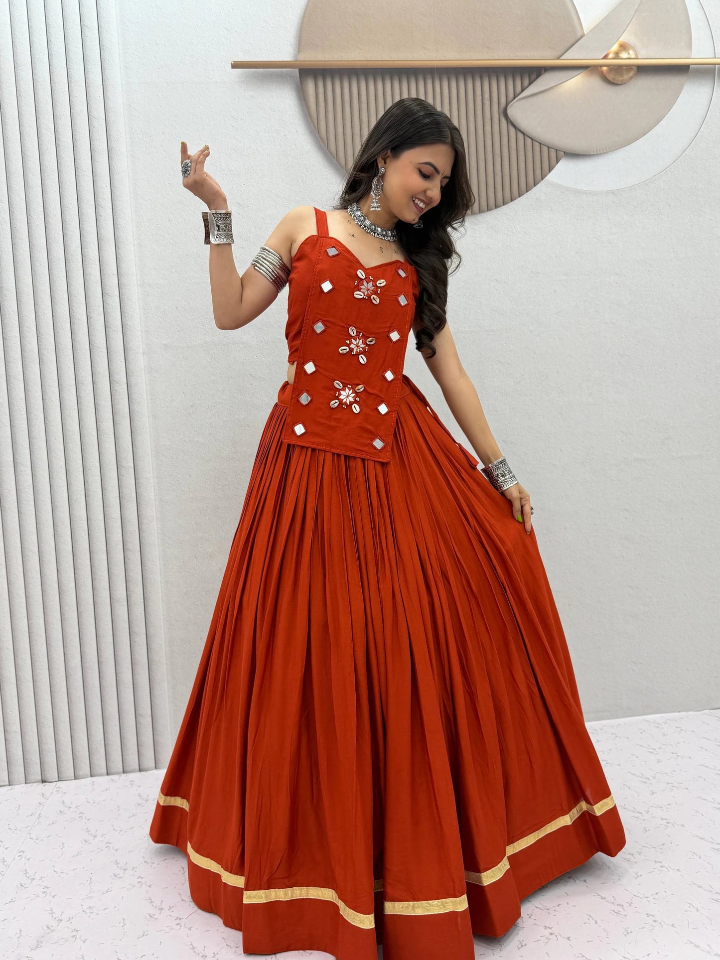 Navratri Special Pure Cotton Rust Orange Mirror Work Lehenga Choli with 6 Meter Flair