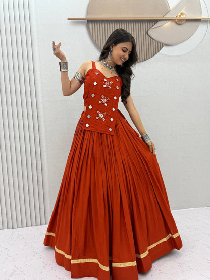 Navratri Special Pure Cotton Rust Orange Mirror Work Lehenga Choli with 6 Meter Flair