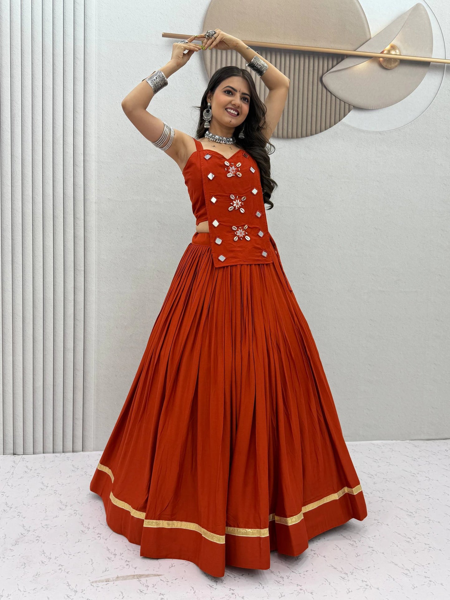 Navratri Special Pure Cotton Rust Orange Mirror Work Lehenga Choli with 6 Meter Flair