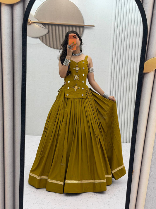 Navratri Special Pure Cotton Yellow Orange Mirror Work Lehenga Choli with 6 Meter Flair