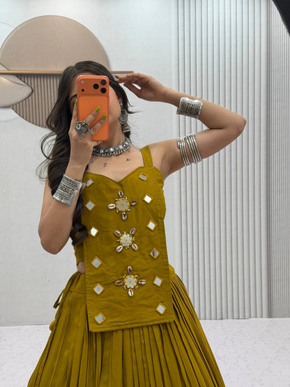Navratri Special Pure Cotton Yellow Orange Mirror Work Lehenga Choli with 6 Meter Flair