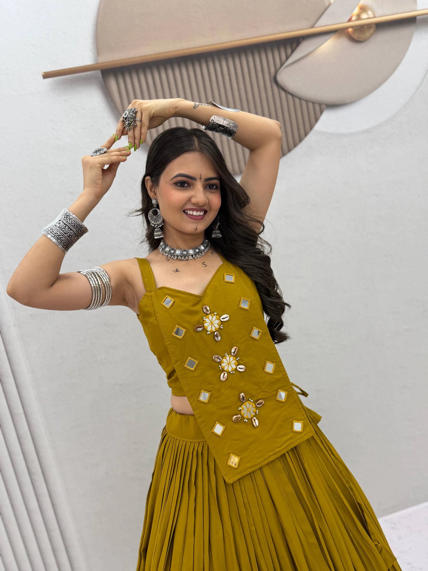 Navratri Special Pure Cotton Yellow Orange Mirror Work Lehenga Choli with 6 Meter Flair
