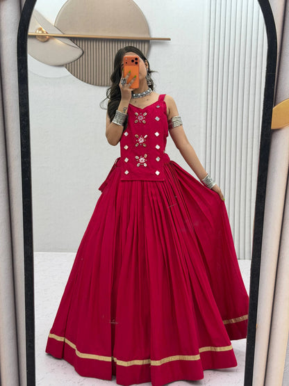 Navratri Special Pure Cotton pink Mirror Work Lehenga Choli with 6 Meter Flair