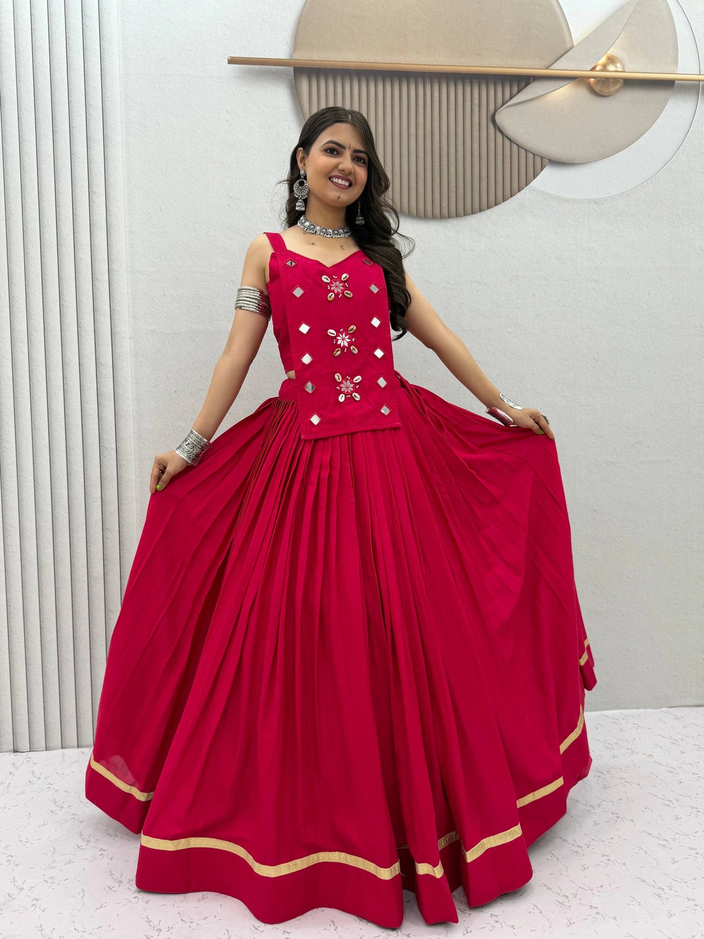 Navratri Special Pure Cotton pink Mirror Work Lehenga Choli with 6 Meter Flair