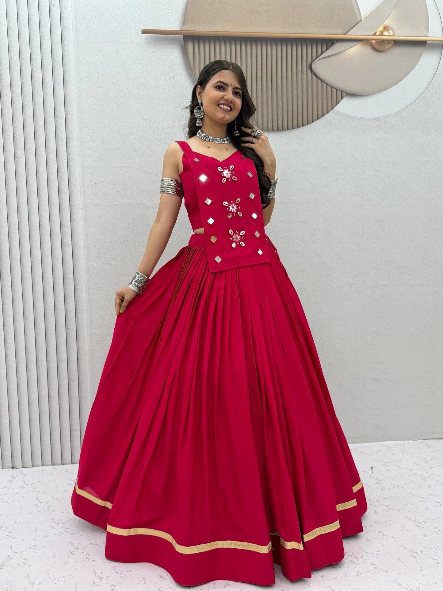 Navratri Special Pure Cotton pink Mirror Work Lehenga Choli with 6 Meter Flair