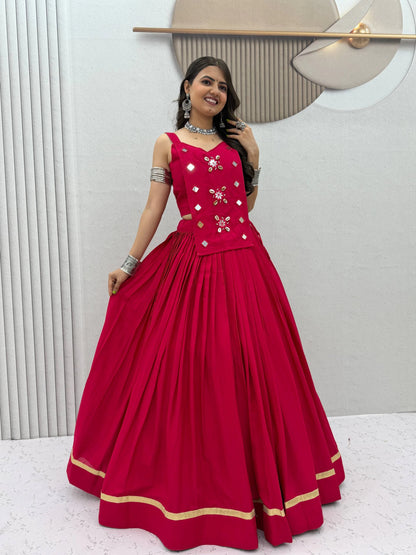 Navratri Special Pure Cotton pink Mirror Work Lehenga Choli with 6 Meter Flair