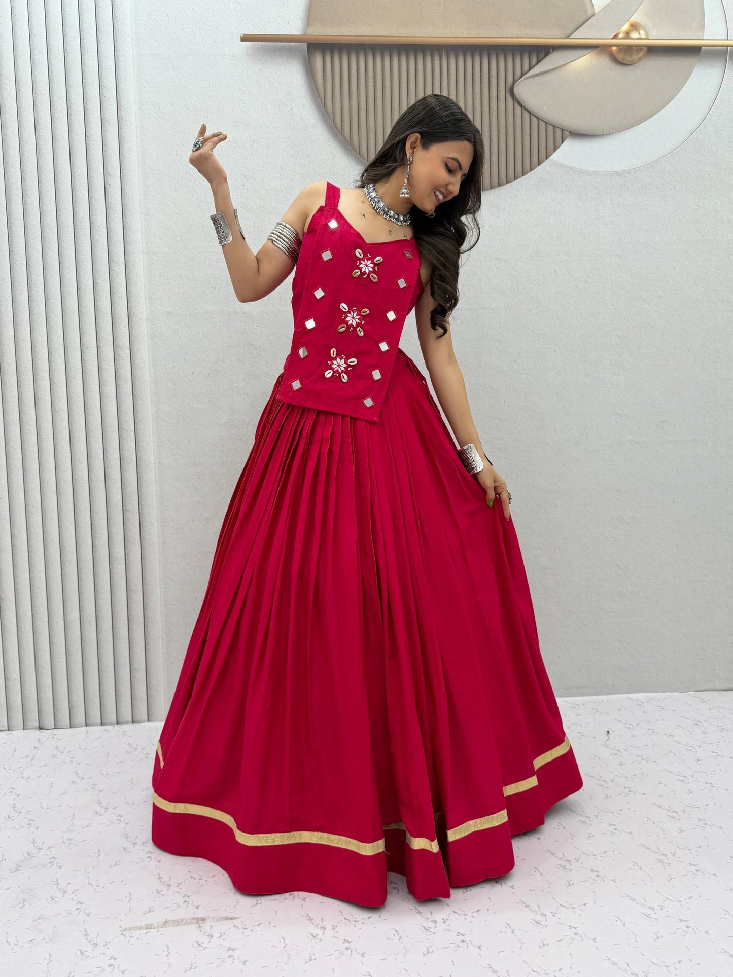 Navratri Special Pure Cotton pink Mirror Work Lehenga Choli with 6 Meter Flair
