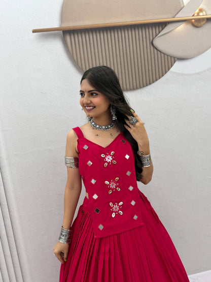 Navratri Special Pure Cotton pink Mirror Work Lehenga Choli with 6 Meter Flair