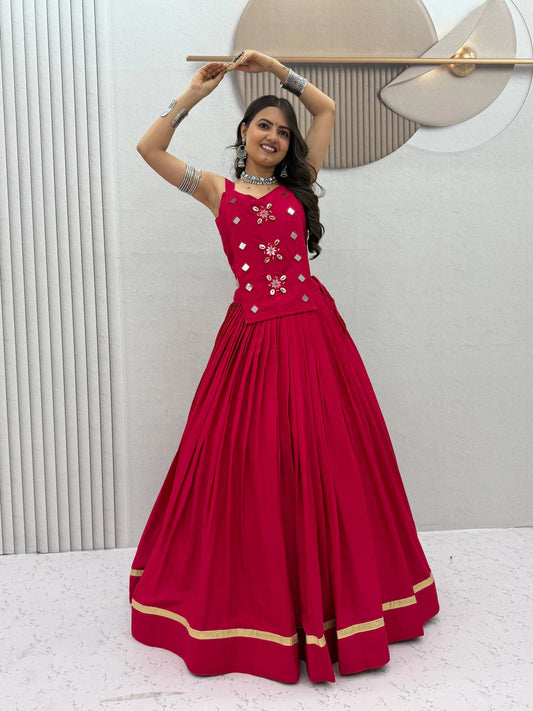 Navratri Special Pure Cotton pink Mirror Work Lehenga Choli with 6 Meter Flair