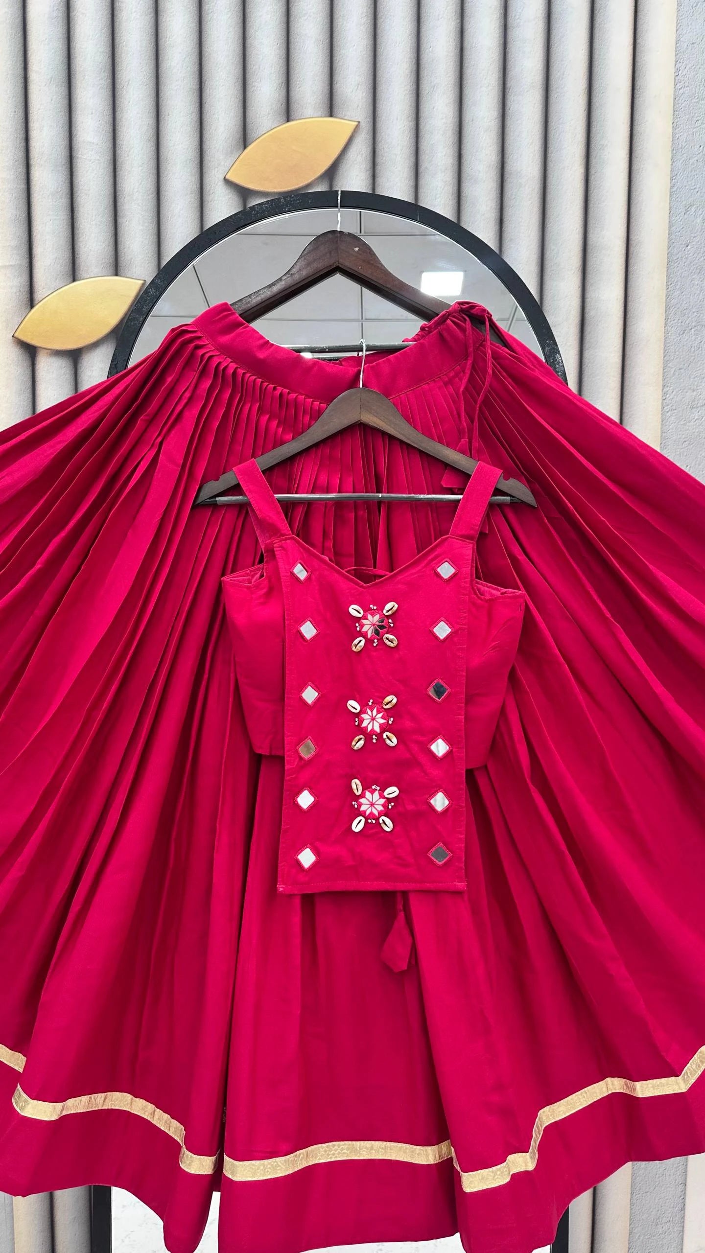Navratri Special Pure Cotton pink Mirror Work Lehenga Choli with 6 Meter Flair