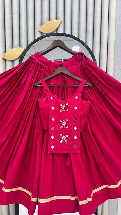 Navratri Special Pure Cotton pink Mirror Work Lehenga Choli with 6 Meter Flair
