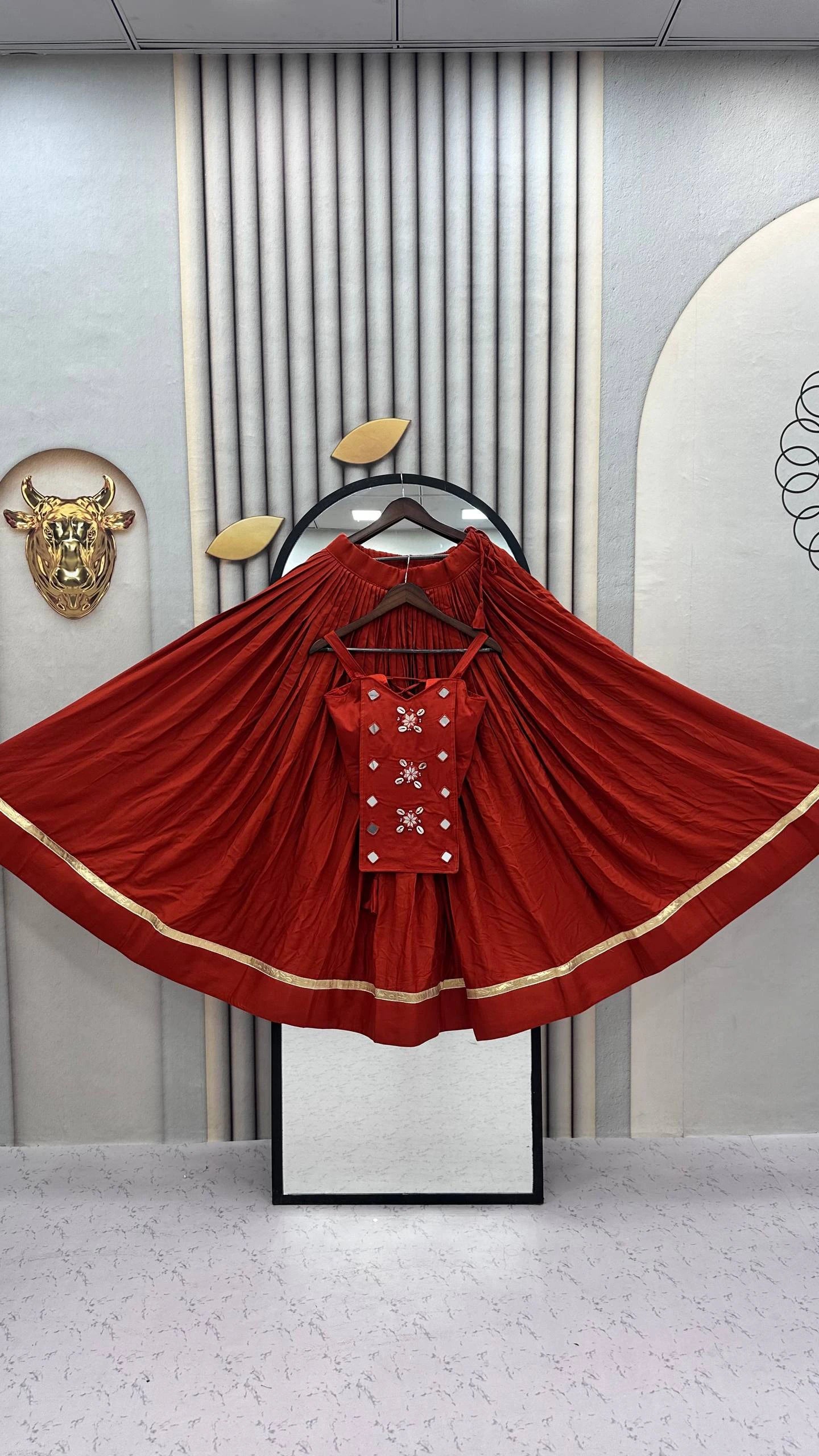 Navratri Special Pure Cotton Rust Orange Mirror Work Lehenga Choli with 6 Meter Flair