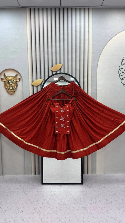 Navratri Special Pure Cotton Rust Orange Mirror Work Lehenga Choli with 6 Meter Flair