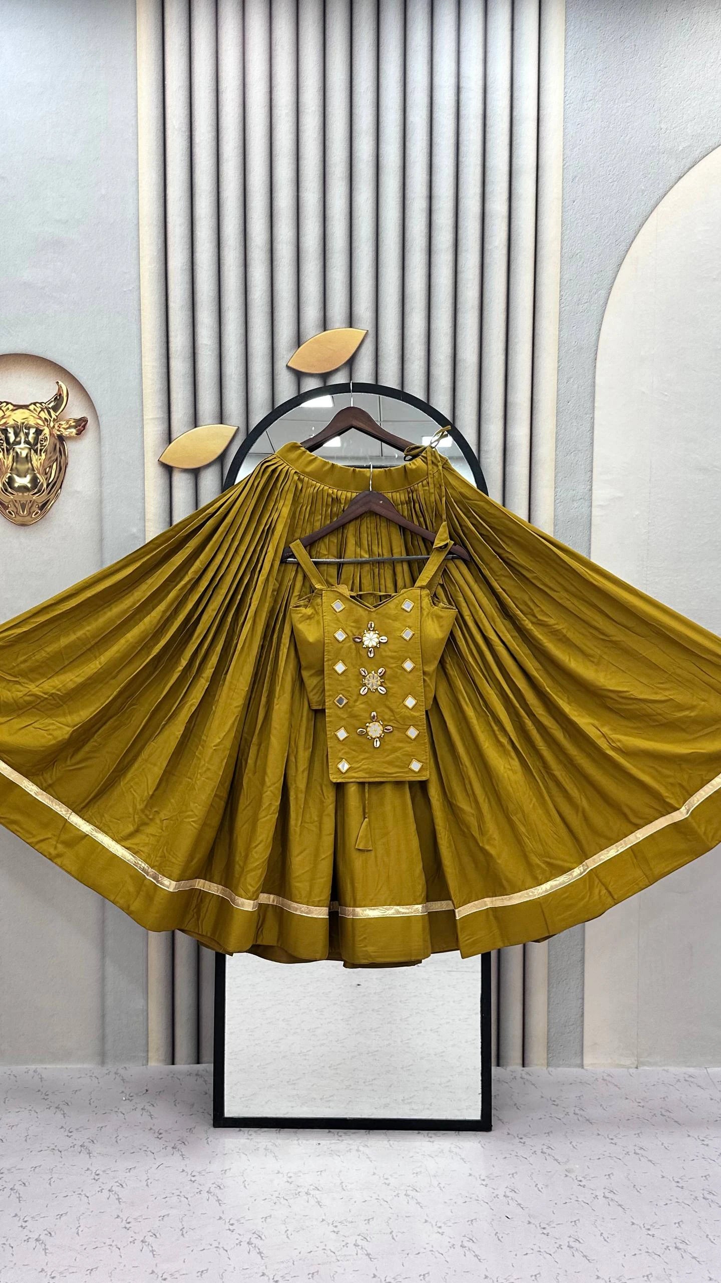Navratri Special Pure Cotton Yellow Orange Mirror Work Lehenga Choli with 6 Meter Flair
