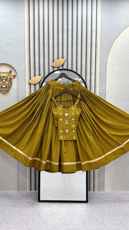 Navratri Special Pure Cotton Yellow Orange Mirror Work Lehenga Choli with 6 Meter Flair