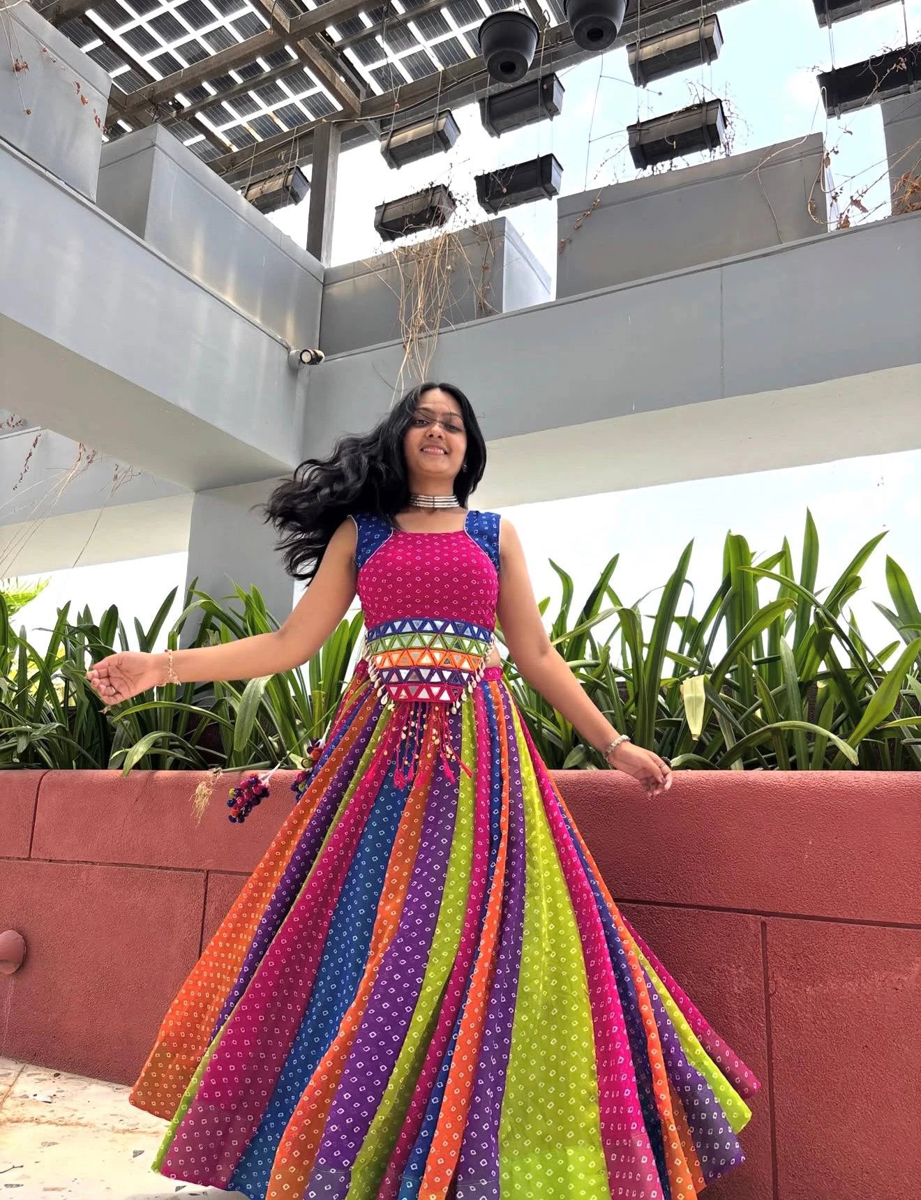 Multicolor Georgette Lehenga Choli with Mirror Work and 6 Meter Flair