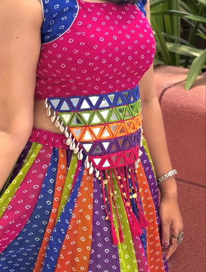 Multicolor Georgette Lehenga Choli with Mirror Work and 6 Meter Flair