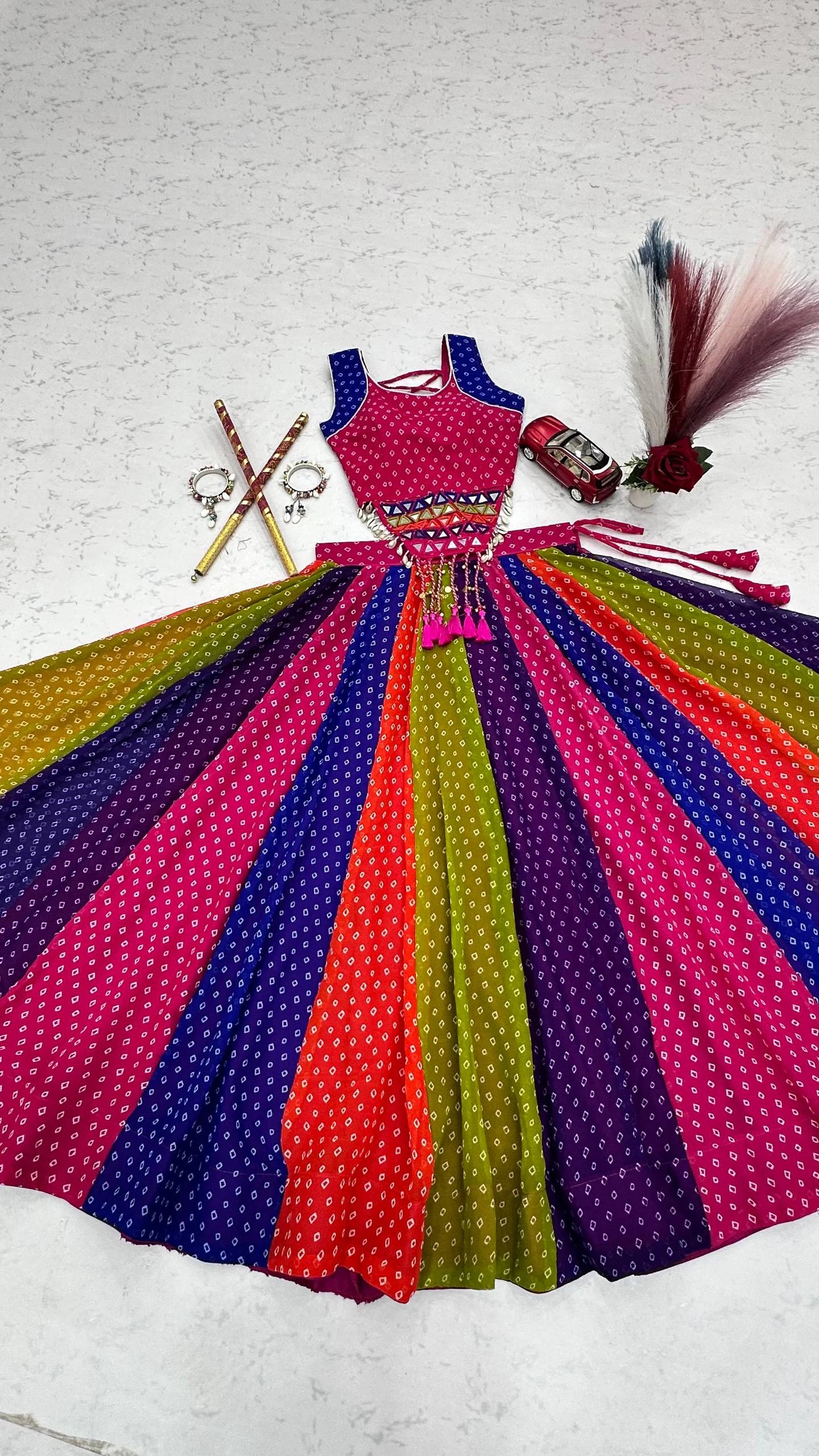 Multicolor Georgette Lehenga Choli with Mirror Work and 6 Meter Flair