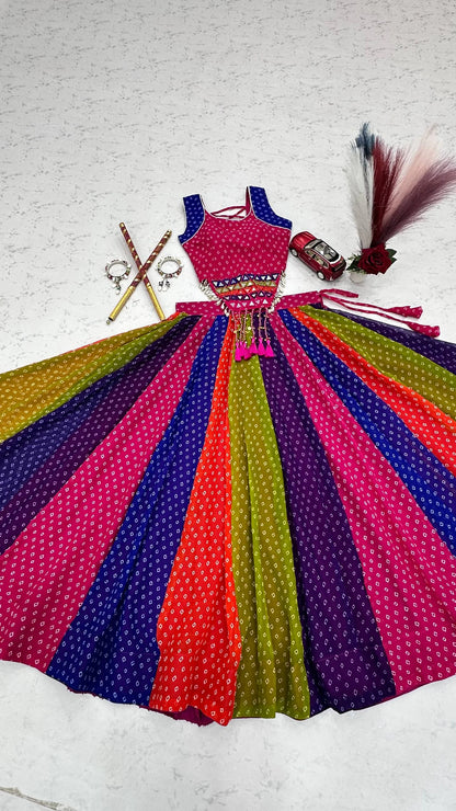Multicolor Georgette Lehenga Choli with Mirror Work and 6 Meter Flair