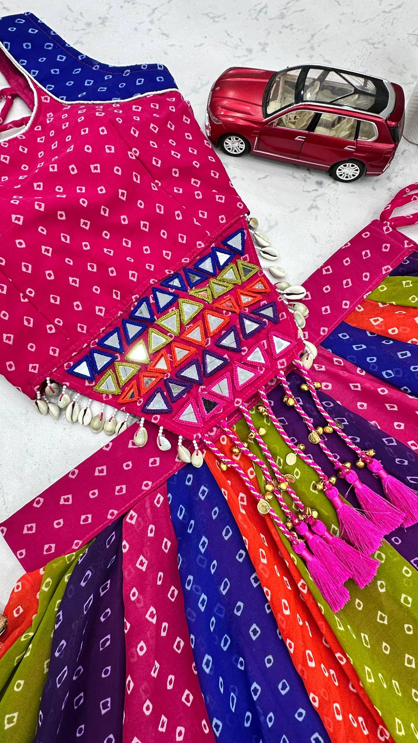 Multicolor Georgette Lehenga Choli with Mirror Work and 6 Meter Flair