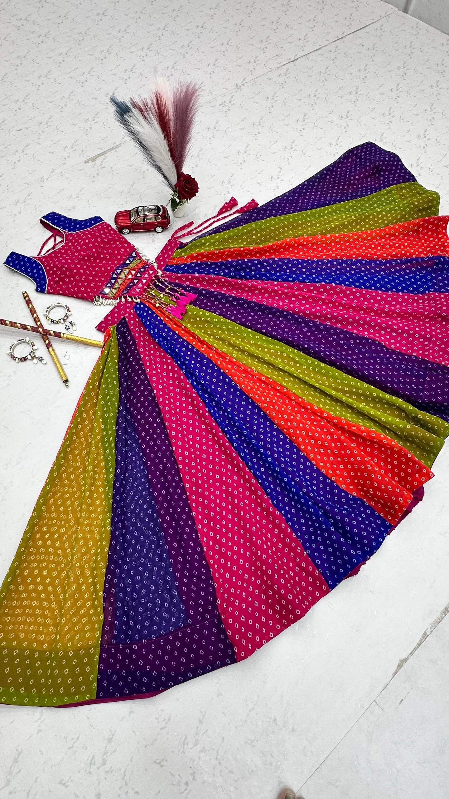 Multicolor Georgette Lehenga Choli with Mirror Work and 6 Meter Flair