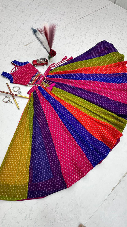 Multicolor Georgette Lehenga Choli with Mirror Work and 6 Meter Flair