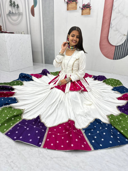 White Pure Cotton Kediyu Lehenga Choli with Colourful Border for Navratri