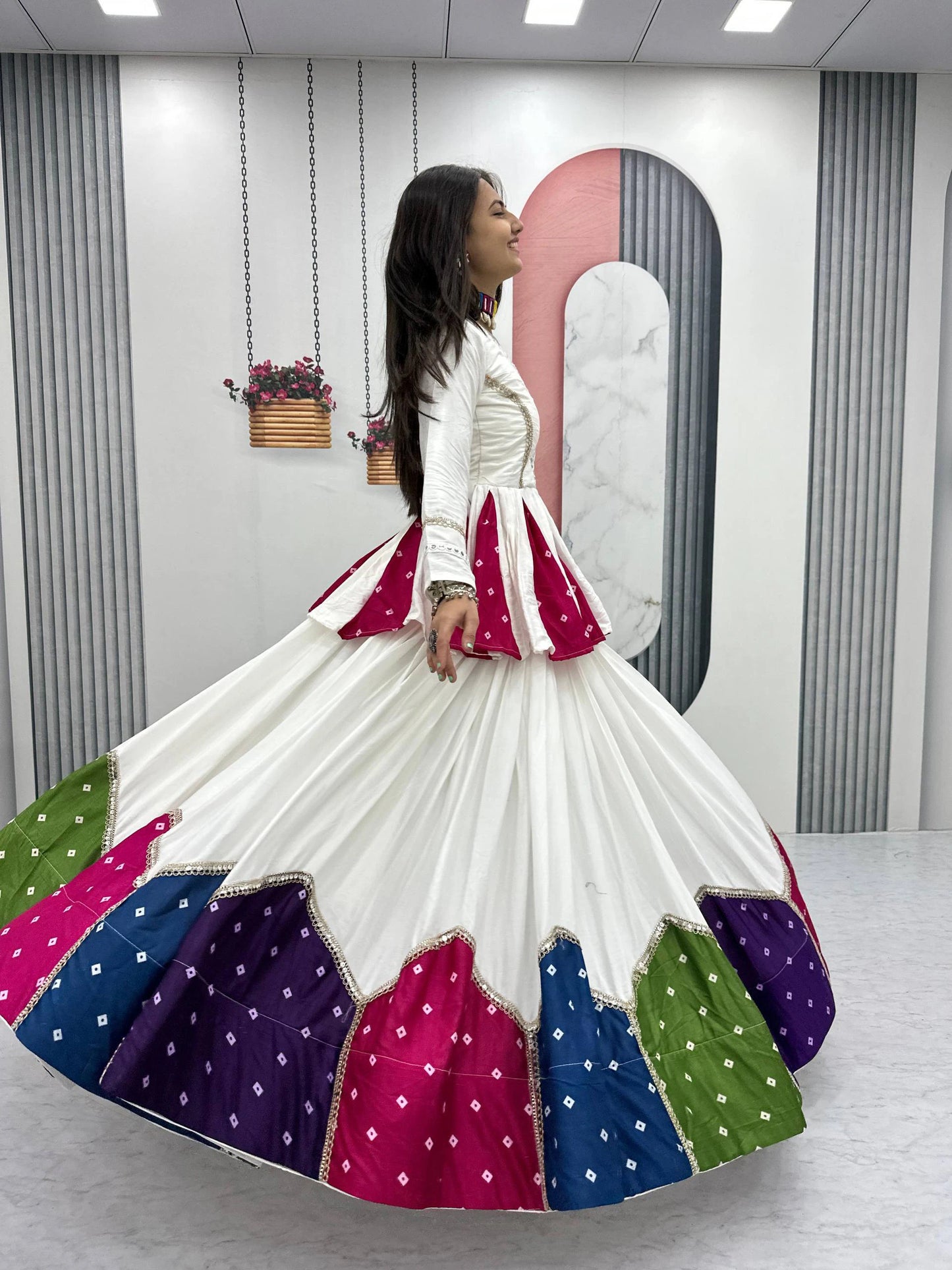 White Pure Cotton Kediyu Lehenga Choli with Colourful Border for Navratri