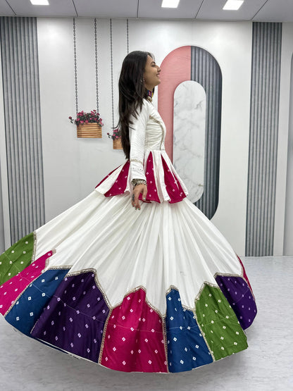 White Pure Cotton Kediyu Lehenga Choli with Colourful Border for Navratri