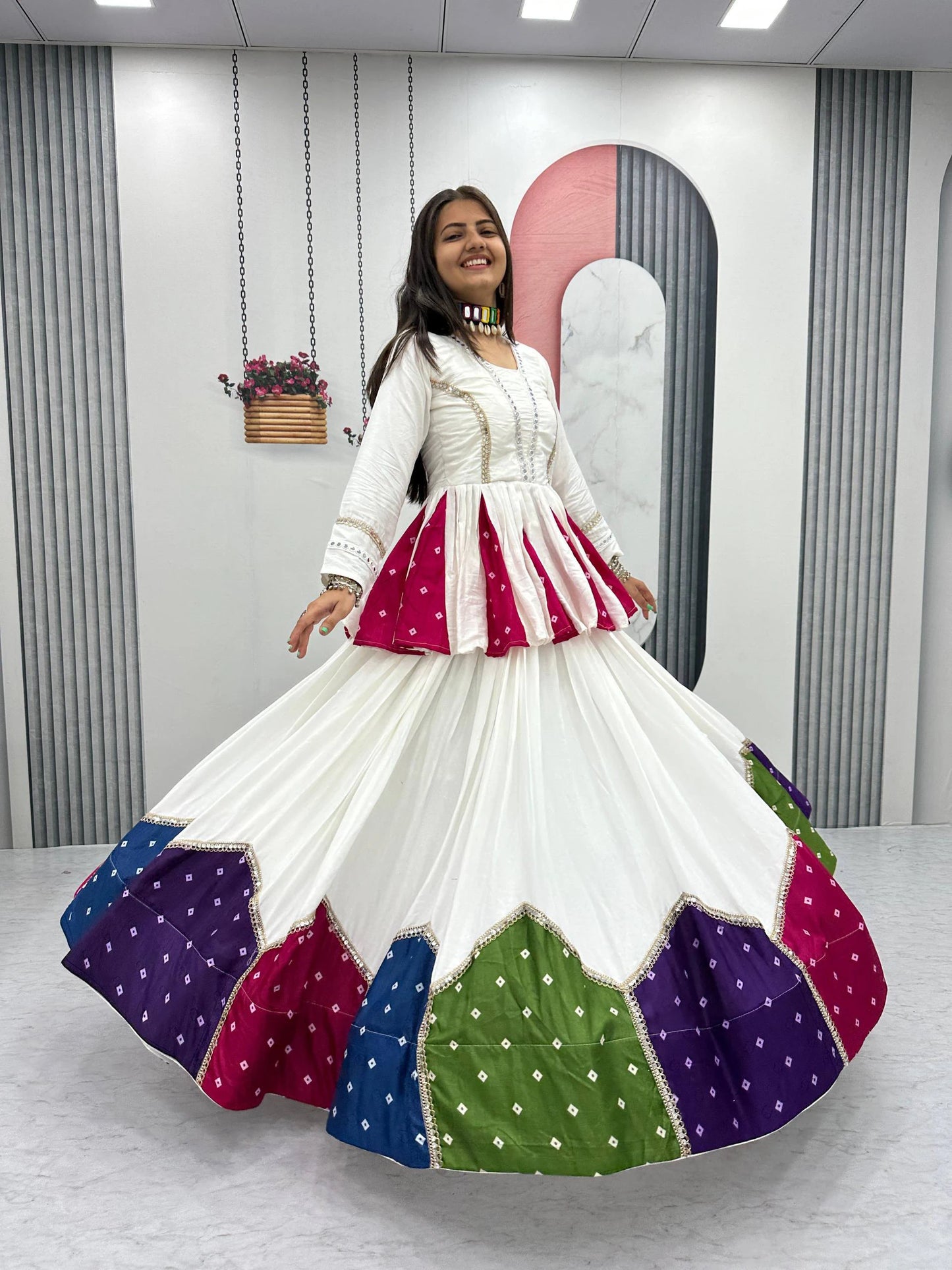 White Pure Cotton Kediyu Lehenga Choli with Colourful Border for Navratri