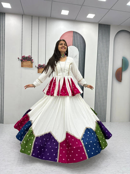 White Pure Cotton Kediyu Lehenga Choli with Colourful Border for Navratri