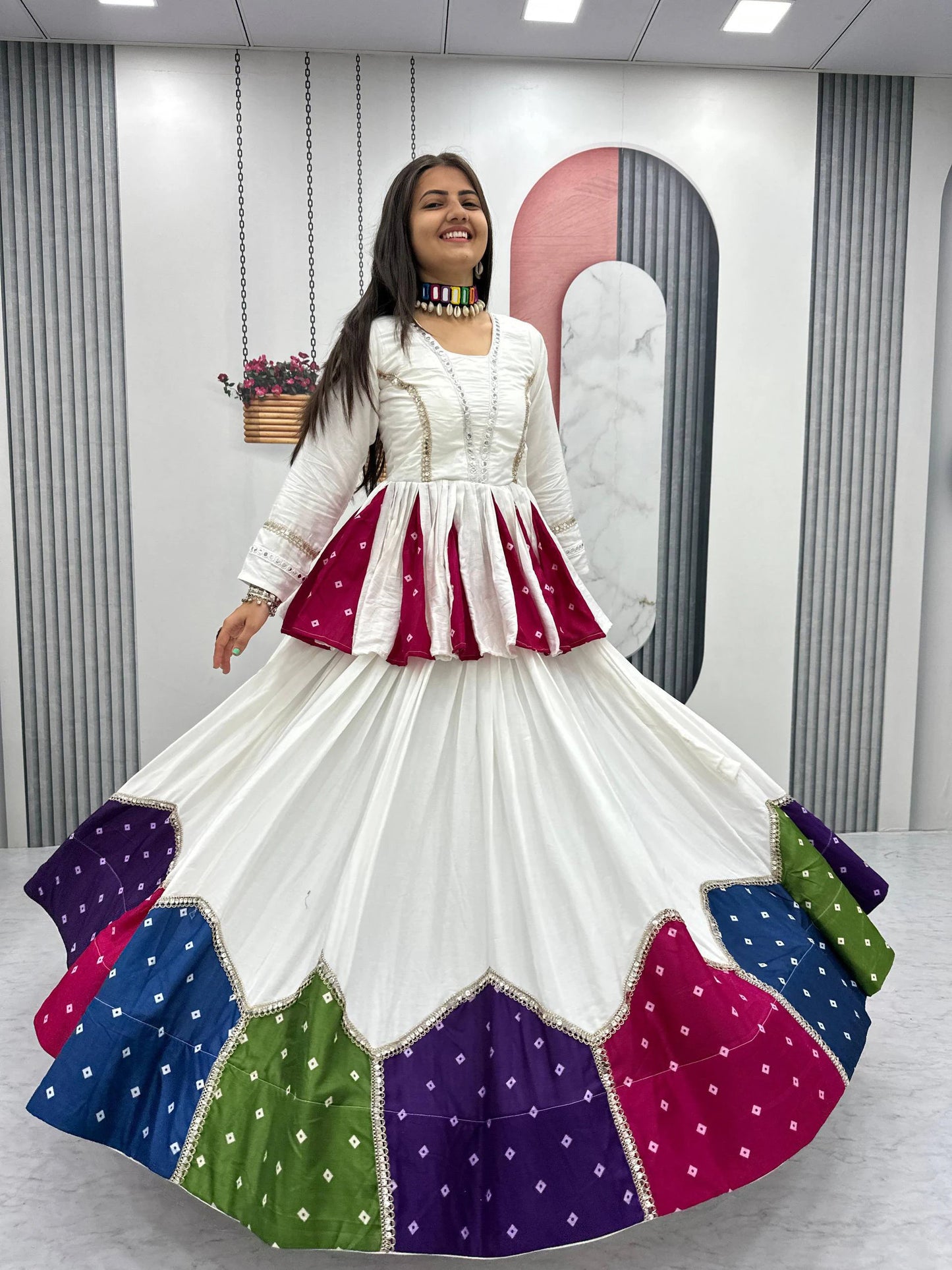 White Pure Cotton Kediyu Lehenga Choli with Colourful Border for Navratri