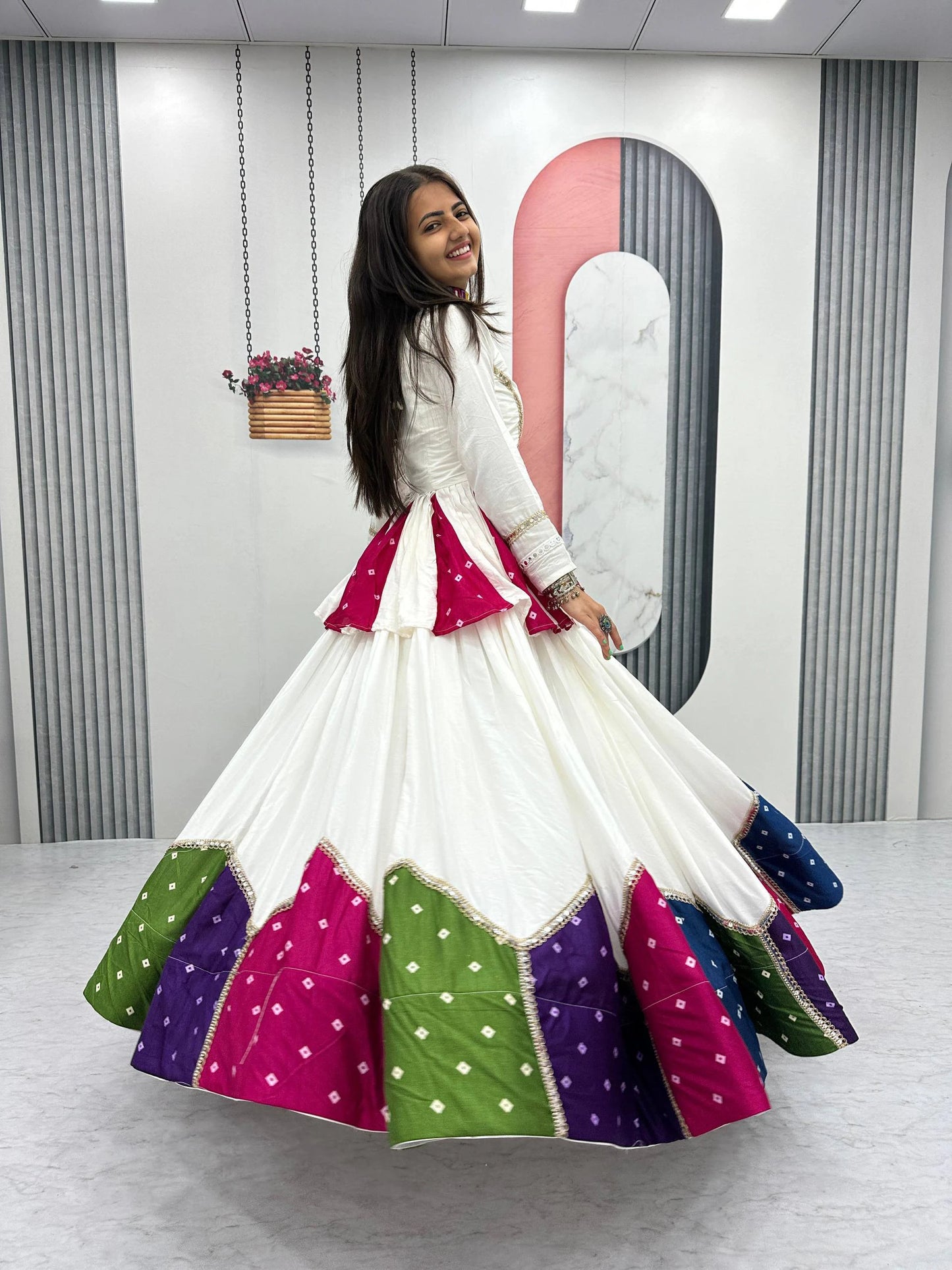 White Pure Cotton Kediyu Lehenga Choli with Colourful Border for Navratri