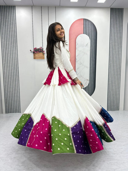 White Pure Cotton Kediyu Lehenga Choli with Colourful Border for Navratri