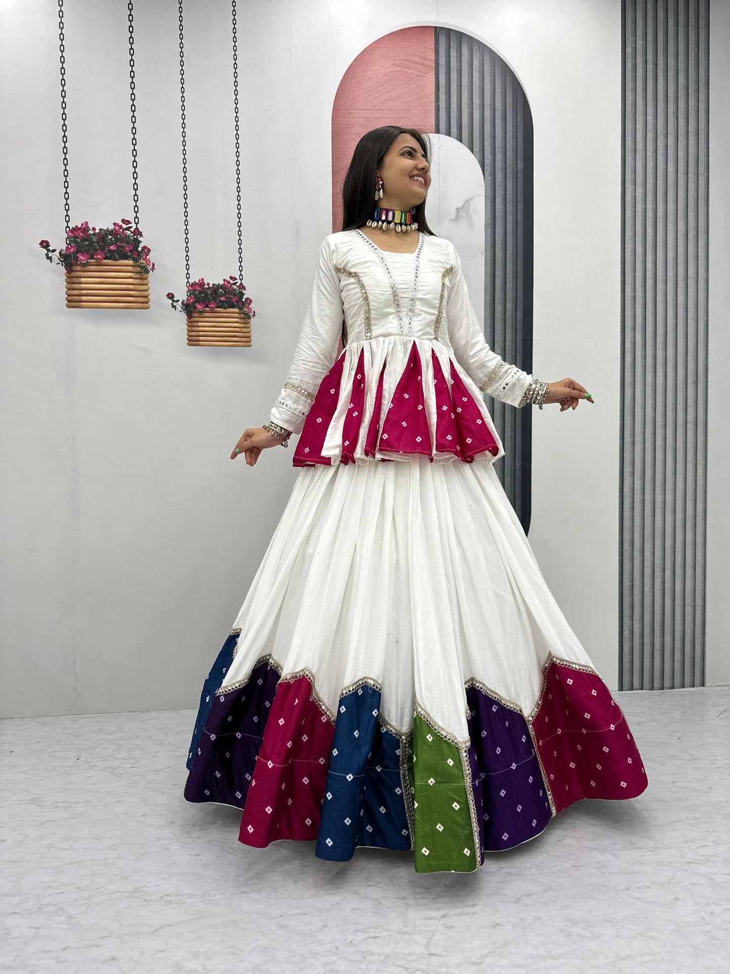 White Pure Cotton Kediyu Lehenga Choli with Colourful Border for Navratri