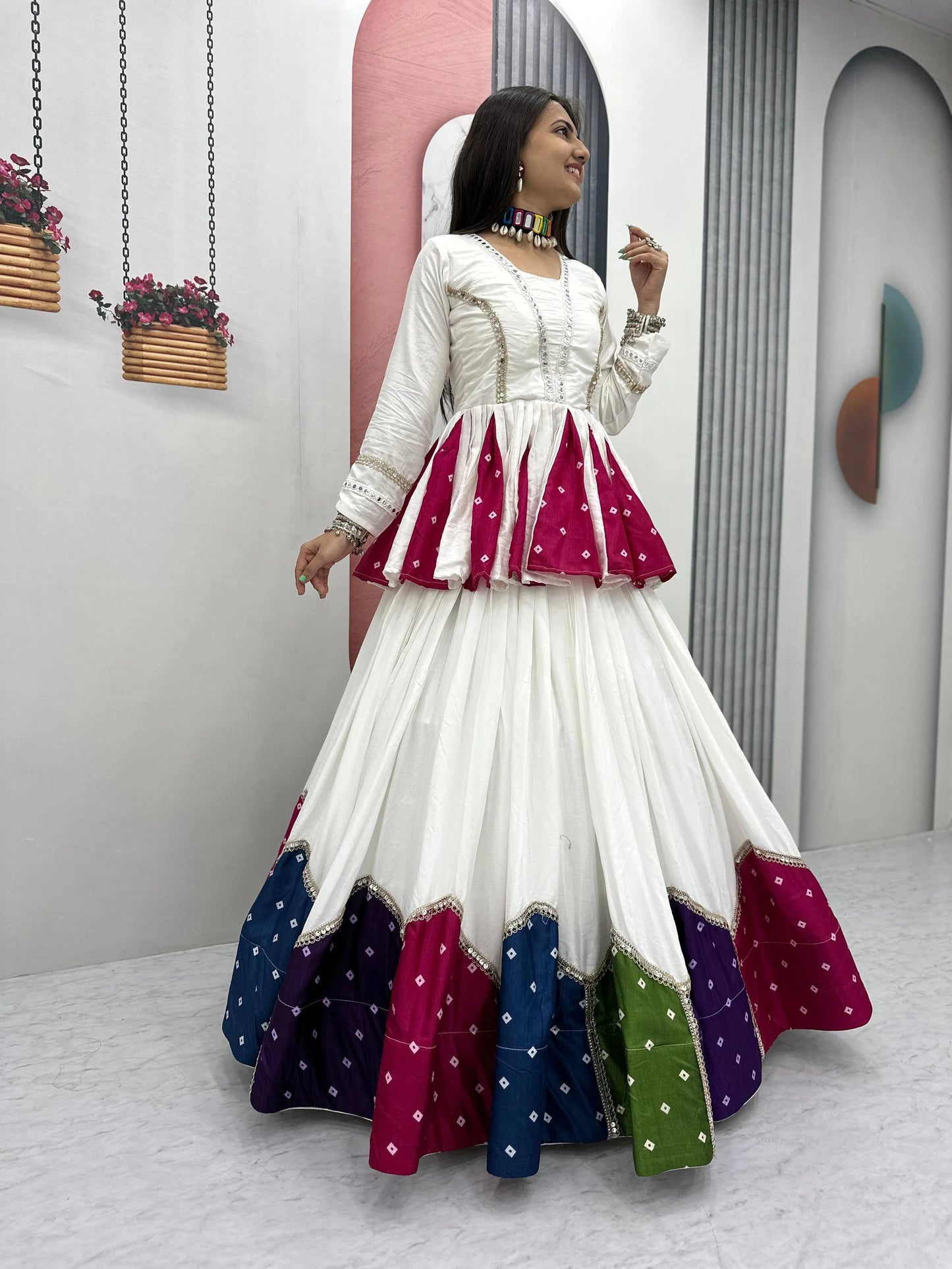 White Pure Cotton Kediyu Lehenga Choli with Colourful Border for Navratri