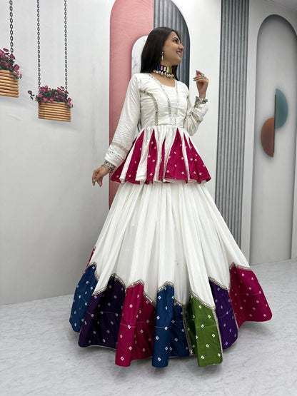White Pure Cotton Kediyu Lehenga Choli with Colourful Border for Navratri