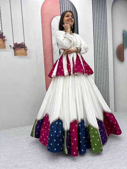 White Pure Cotton Kediyu Lehenga Choli with Colourful Border for Navratri